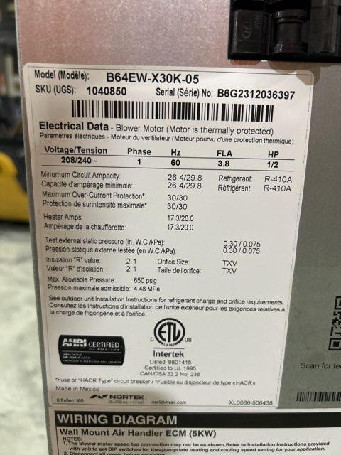 2.5 Ton AC/HP ECM Wall Mounted Air Handler With 5 KW Heat, 208-230/60/1 R-410A CFM 1236