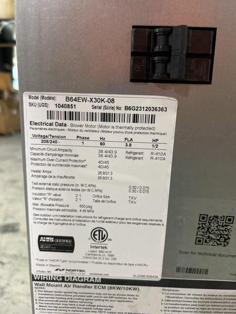 2.5 Ton AC/HP ECM Wall Mounted Air Handler With 8 KW Heat, 208-230/60/1 R-410A CFM 1236