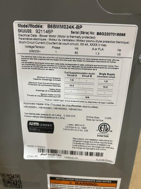 2 Ton AC/HP PSC Multiposition Air Handler 208-230/60/1 R-410A CFM 1118