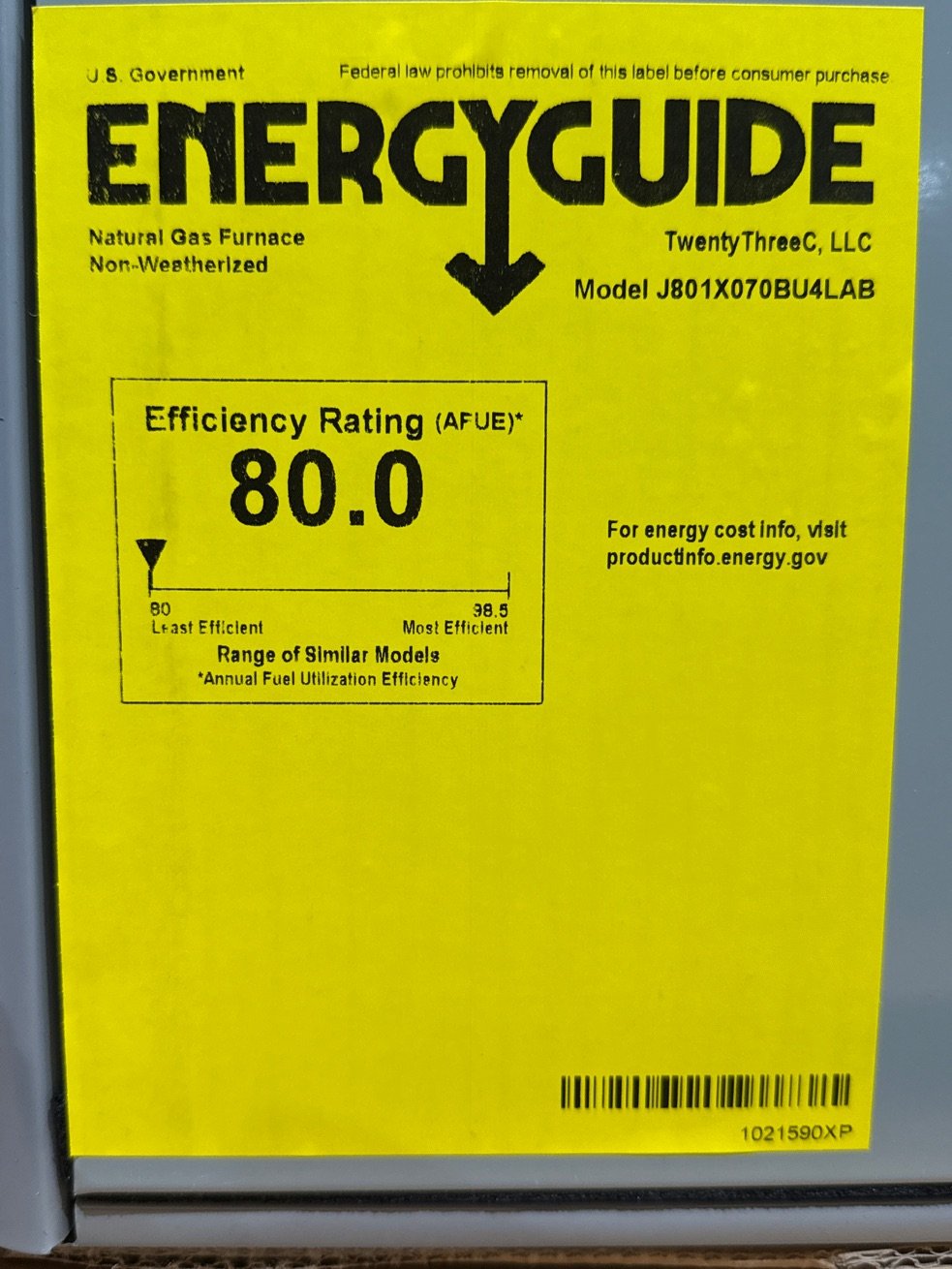 70,000 BTU Ultra Low NOx 1-Stg Upflow/Horizontal ECM Multi Speed Gas Furnace 80% 115/60/1 CFM: 1790