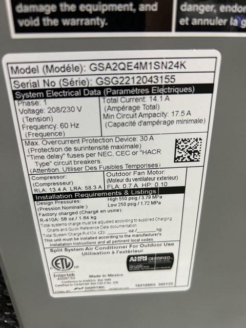 2 Ton Single-Stage Split-System Manufactured Housing Air Conditioner 208-230/60/1 R410A 14 SEER