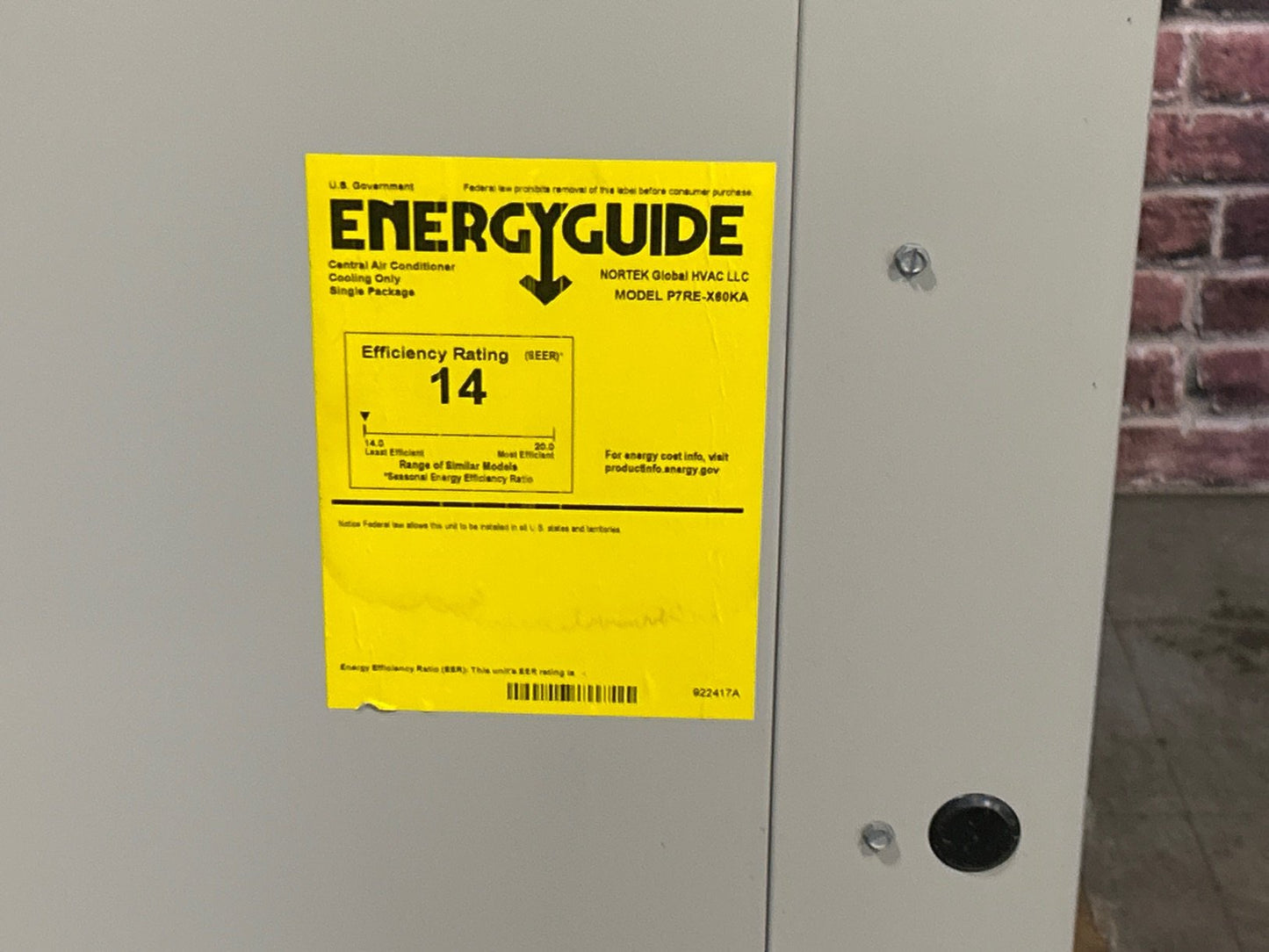 5 Ton Single-Stage Convertible Packaged Air Conditioning Unit, 14 SEER, 208-230/60/1, R410A
