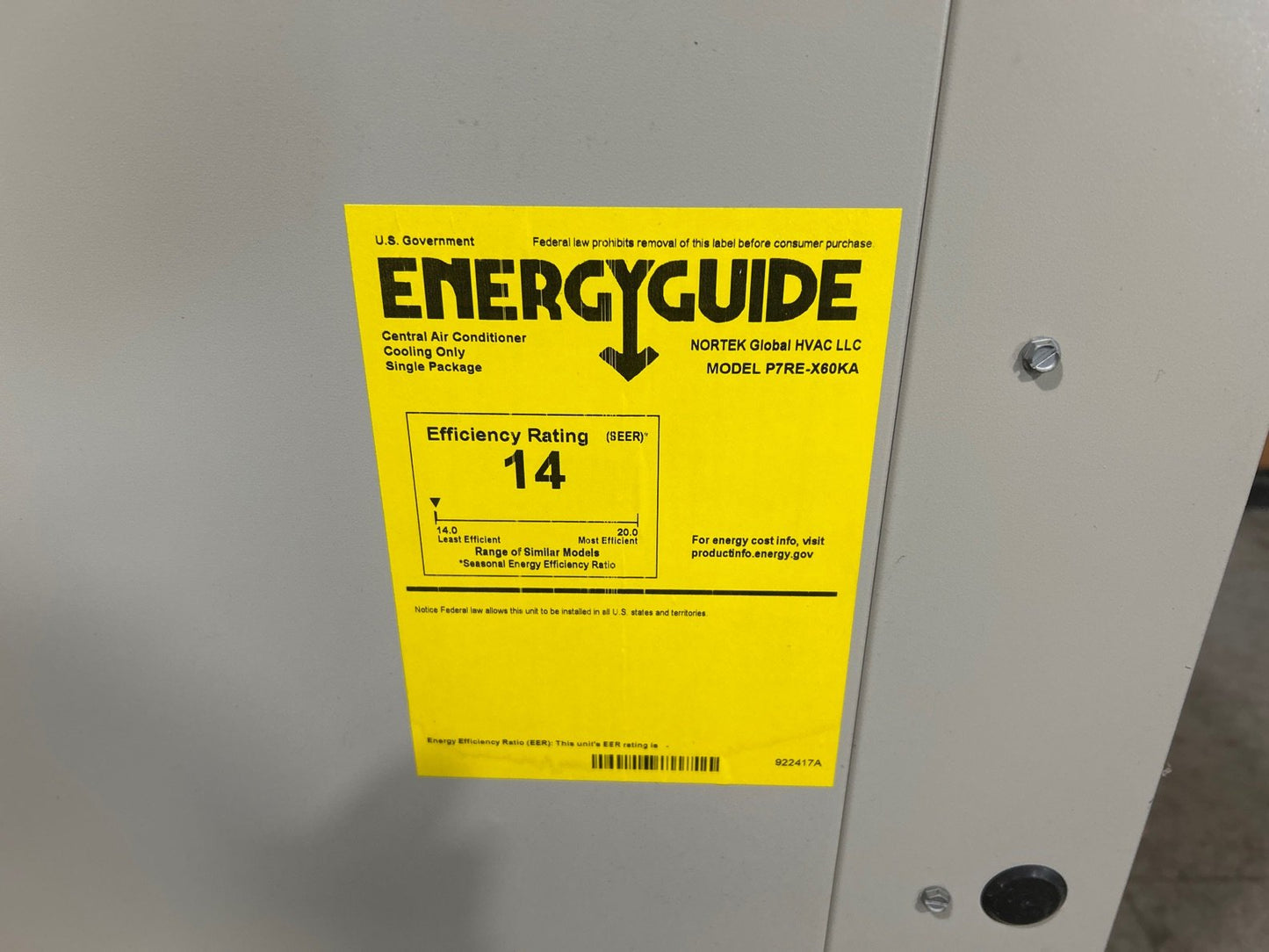 5 Ton Single-Stage Convertible Packaged Air Conditioning Unit, 14 SEER, 208-230/60/1, R410A