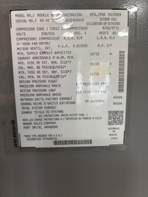 1.5 Ton Single-Stage Split-System Air Conditioner 208-230/60/1 R410A 14.3 SEER2