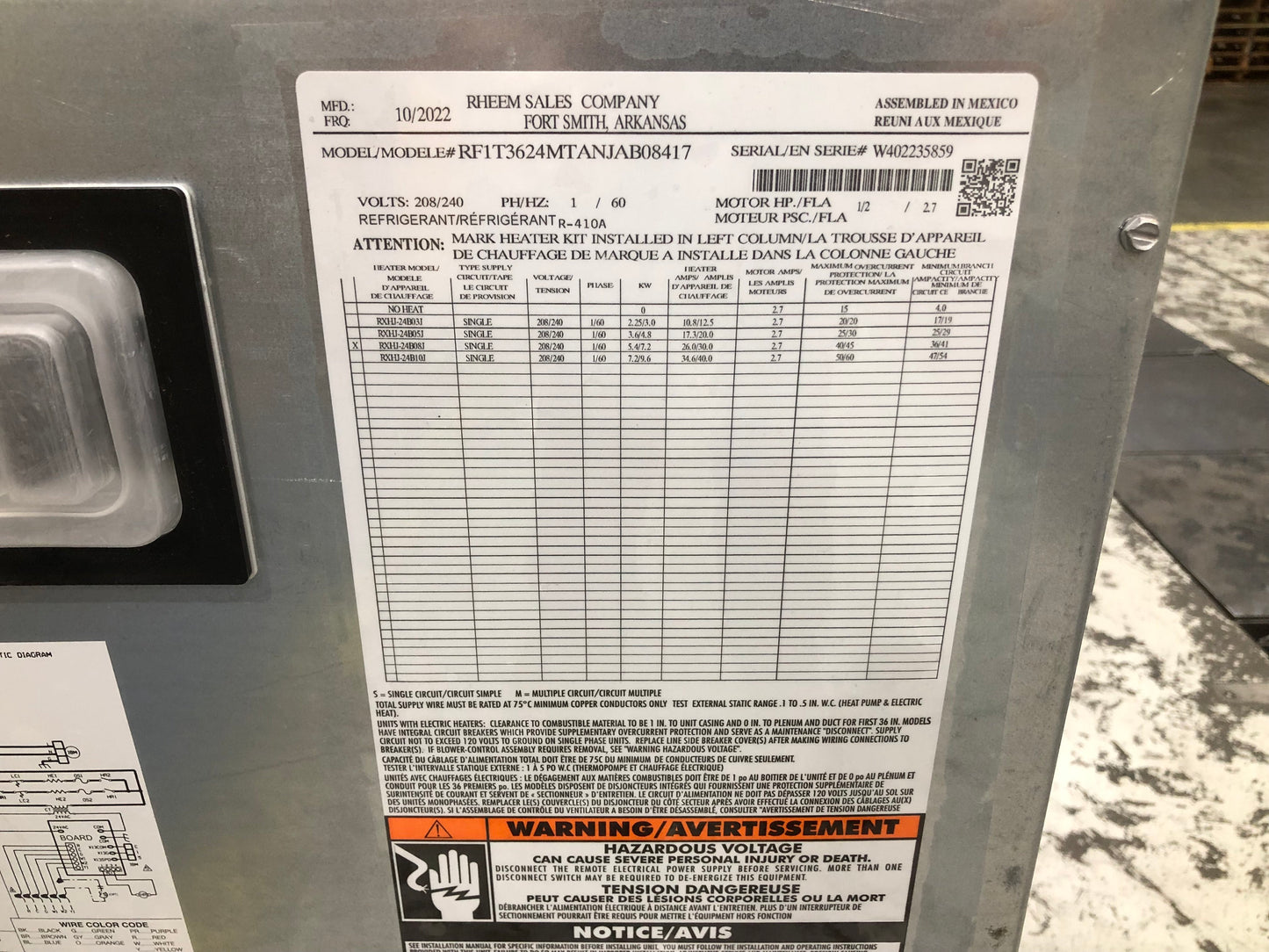 2.5 Ton 1-Stg SS Air Conditioner 13.4 SEER2 and 3 Ton Wall Mounted Upflow Fancoil With 8 Kw Heat
