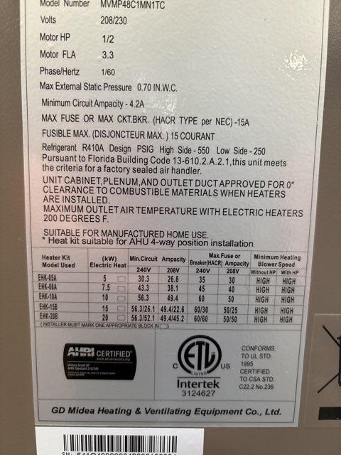 4 Ton AC/HP PSC Multiposition Air Handler 208-230/60/1 R-410A CFM 1918