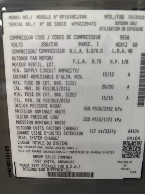 1.5 Ton Single-Stage Split-System Heat Pump 208-230/60/1 R410A 15 SEER