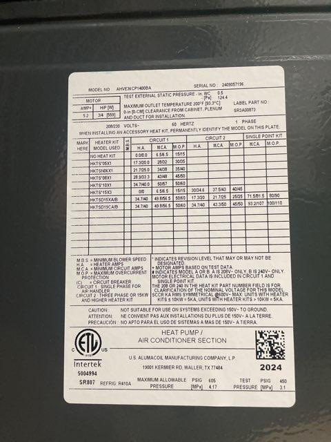 3 Ton AC/HP ECM Communicating Multiposition Air Handler 208-230/60/1 R-410A CFM 1260