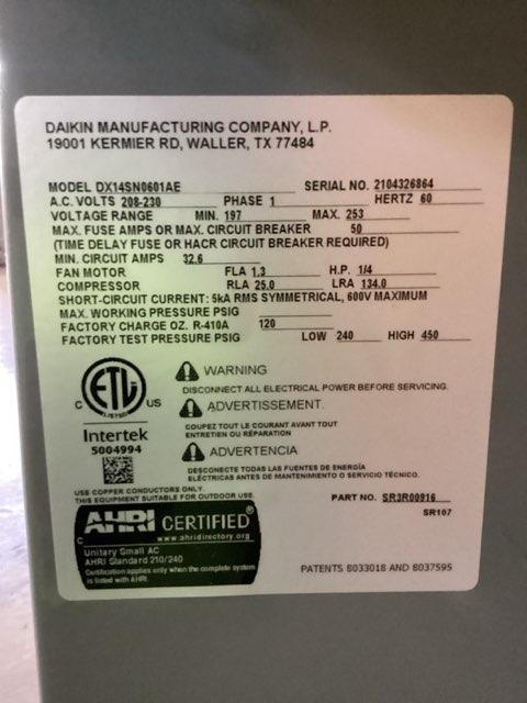 5 Ton Single-Stage Split-System Air Conditioner; 208-230/60/1, R410A, 14 SEER