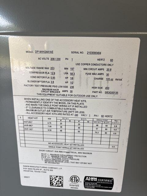 2 Ton Single-Stage Horizontal Packaged Heat Pump Unit, 14.5 SEER, 208-230/60/1, R410A