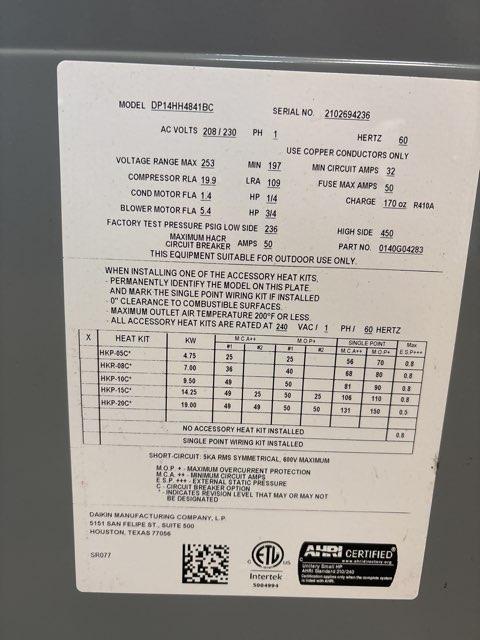 4 Ton Single-Stage Horizontal Packaged Heat Pump Unit, 14 SEER, 208-230/60/1, R410A