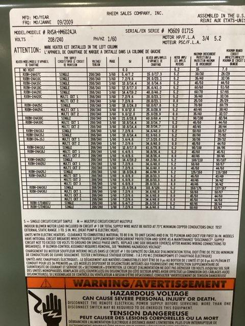 5 Ton AC/HP PSC Multiposition Air Handler 208-240/60/1 R22 CFM 1965