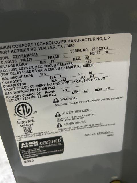 5 Ton Single-Stage Split-System Heat Pump 208-230/60/1 R410A 15.2 SEER2