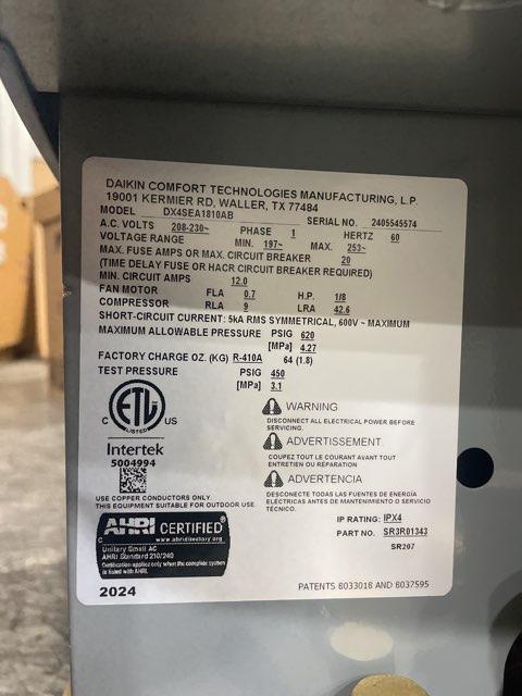 1.5 Ton Single-Stage Split-System Air Conditioner 208-230/60/1 R410A 14.3 SEER2