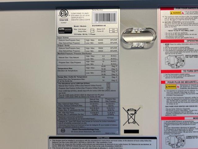 80,000 BTU Two-Stage Upflow/Horizontal ECM Multi Speed Gas Furnace 96% AFUE 115/60/1 CFM: 1312