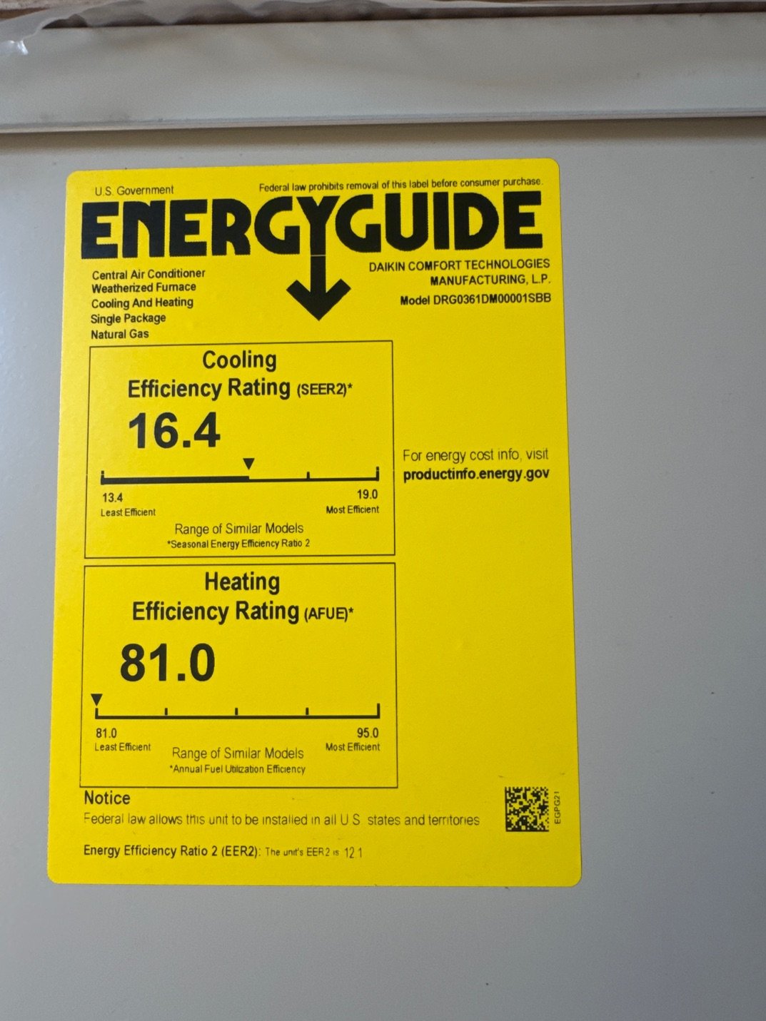 3 Ton Two-Stage Convertible Natural Gas/Electric Packaged Unit, 16.4 SEER2, 208-230/60/1, R410A