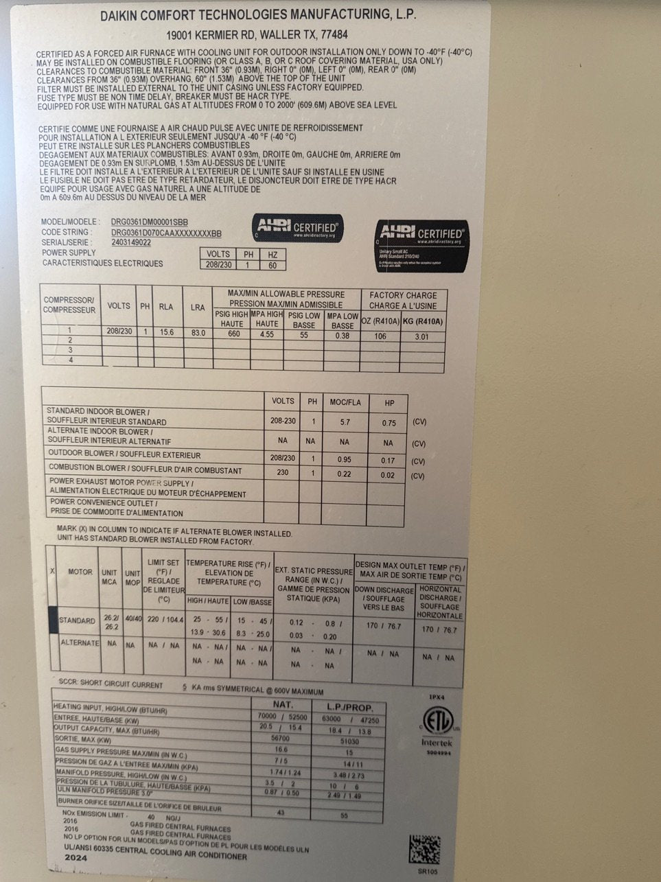 3 Ton Two-Stage Convertible Natural Gas/Electric Packaged Unit, 16.4 SEER2, 208-230/60/1, R410A
