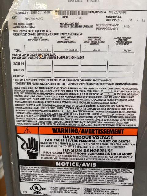 3 Ton AC/HP ECM Upflow/Horizontal Air Handler With 10 KW Heat, 208-240/60/1 R-410A CFM 1269