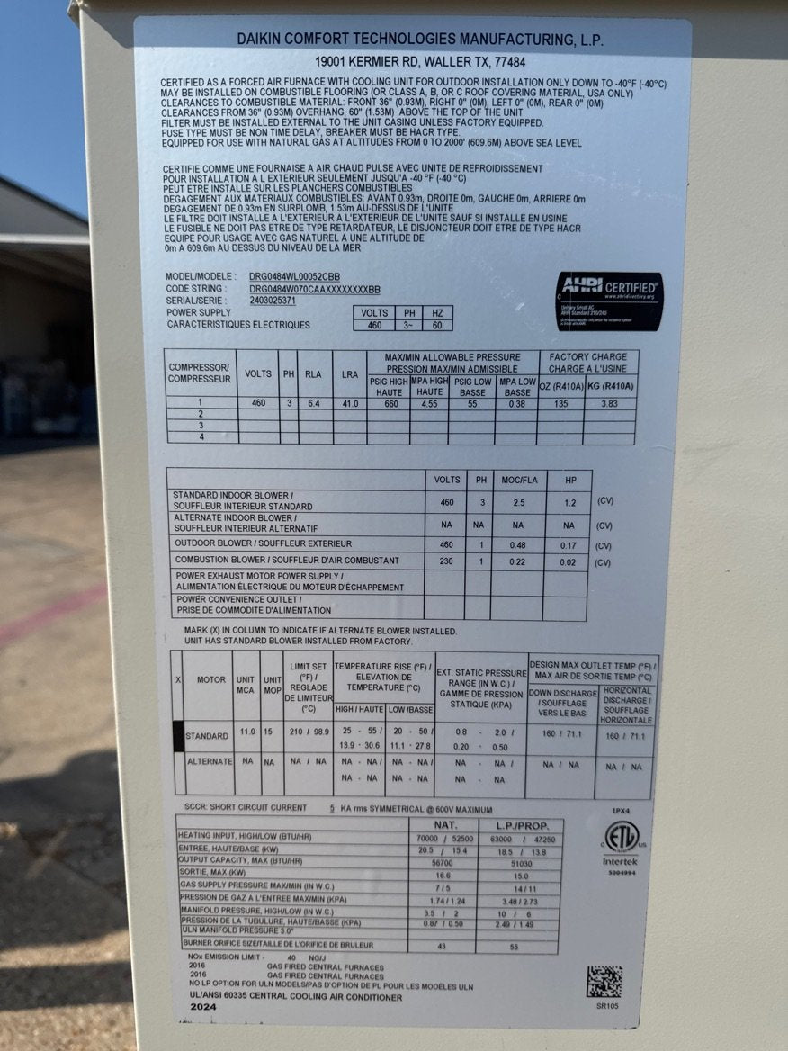 4 Ton Two-Stage Convertible Natural Gas/Electric Packaged Unit, 17 SEER, 460/60/3, R410A