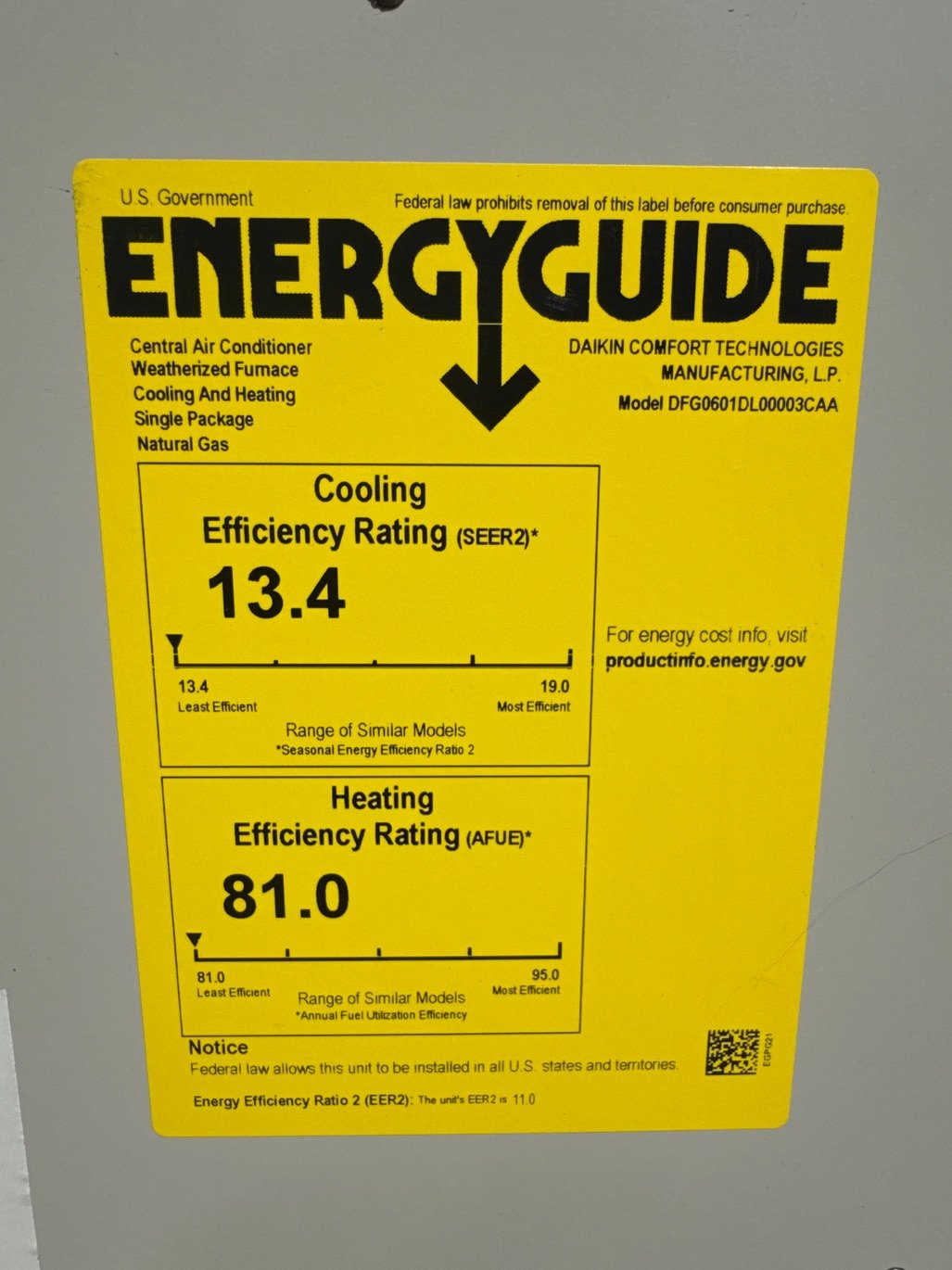 5 Ton Single-Stage Convertible Natural Gas/Electric Packaged Unit, 13.4 SEER2, 208-230/60/1, R410A