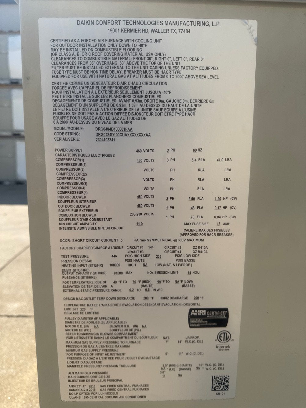 4 Ton Ultra Low NOx Two-Stage Convertible Natural G/E Packaged Unit, 16.4 SEER2, 460/60/3, R410A
