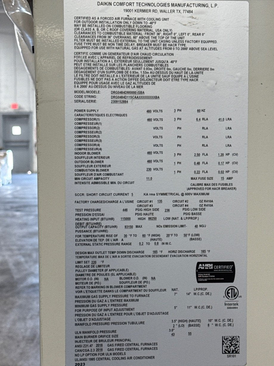4 Ton Two-Stage Convertible Natural Gas/Electric Packaged Unit, 16.4 SEER2, 460/60/3, R410A