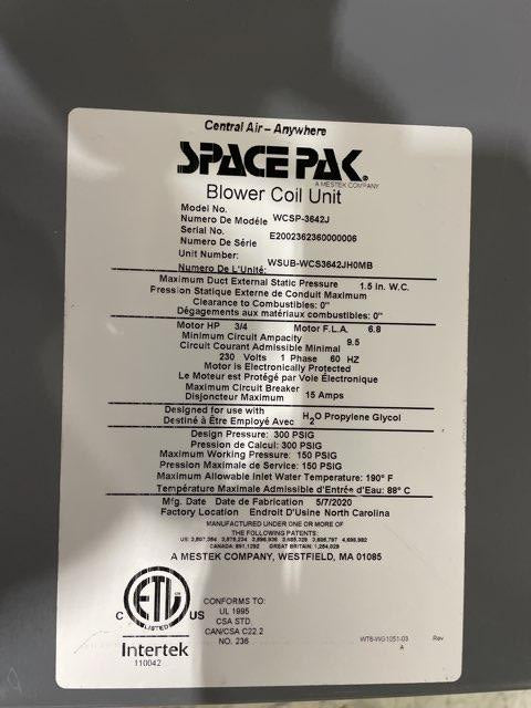 3.5 Ton AC/HP ECM Hydronic Horizontal Fan Coil 208-230/60/1 CFM 850