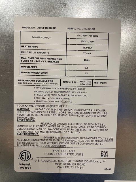 2.5 Ton AC/HP ECM Wall Mounted Air Handler With 8 KW Heat, 208-240/60/1 R22/R-410A CFM 1090