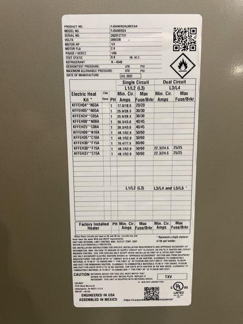 2 Ton 1-Stg SS HP R454B 14.3 SEER2 and 2 Ton Multi Fan Coil and 15 kW Electric Heat Kit with Breaker