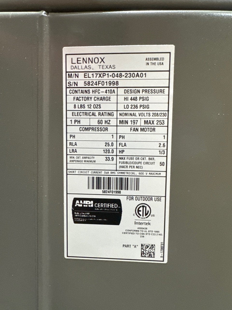 4 Ton Single-Stage Split-System Heat Pump 208-230/60/1 R410A 17 SEER