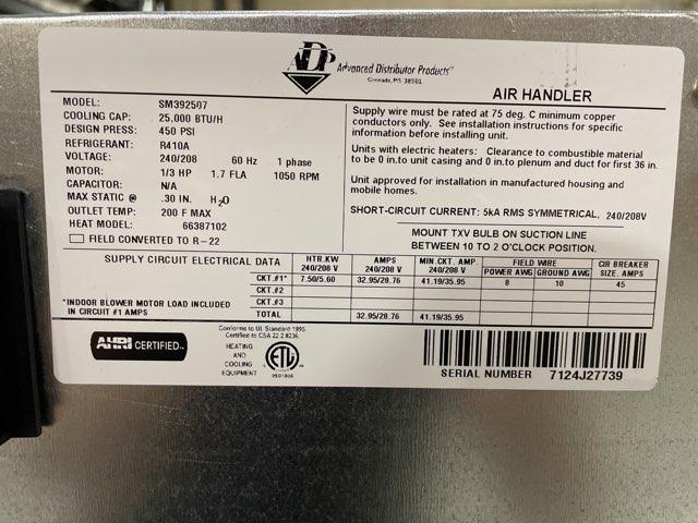 2 Ton AC/HP ECM Wall Mounted Air Handler With 7.5 KW Heat, 208-240/60/1 R-410A CFM 970