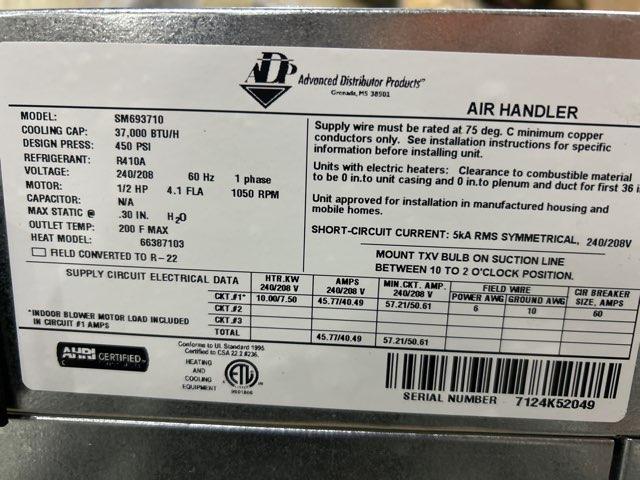 3 Ton AC/HP ECM Wall Mounted Air Handler With 10 KW Heat, 208-240/60/1 R-410A CFM 1364