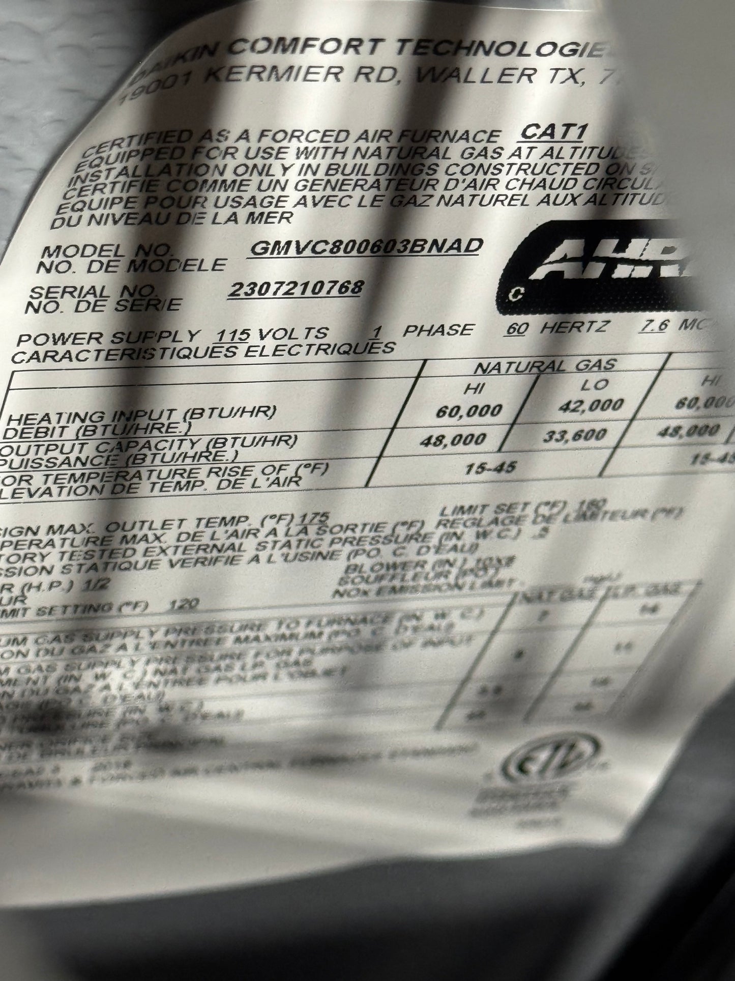 60,000 BTU Two-Stage Up/Horz ECM Variable Speed Communicating Gas Furnace 80% 115/60/1 CFM: 1200