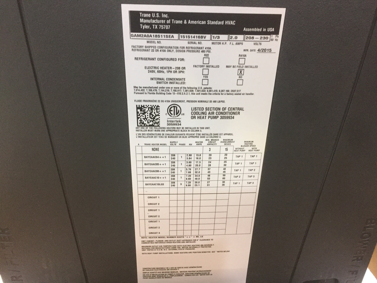 1.5 Ton 1-Stg SS HP R-410A 14.3 SEER2 and 1.5 Ton Modular Multi Fan Coil and 4 kW Heat with Breaker