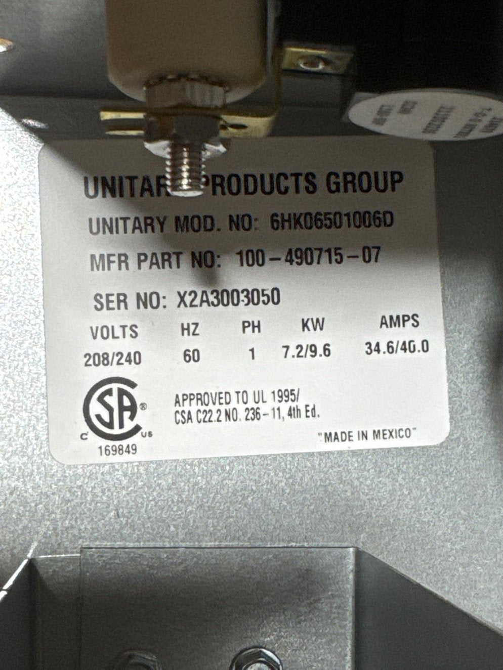 10 KW Electric Heat Kit without Breaker 208/240/60/1