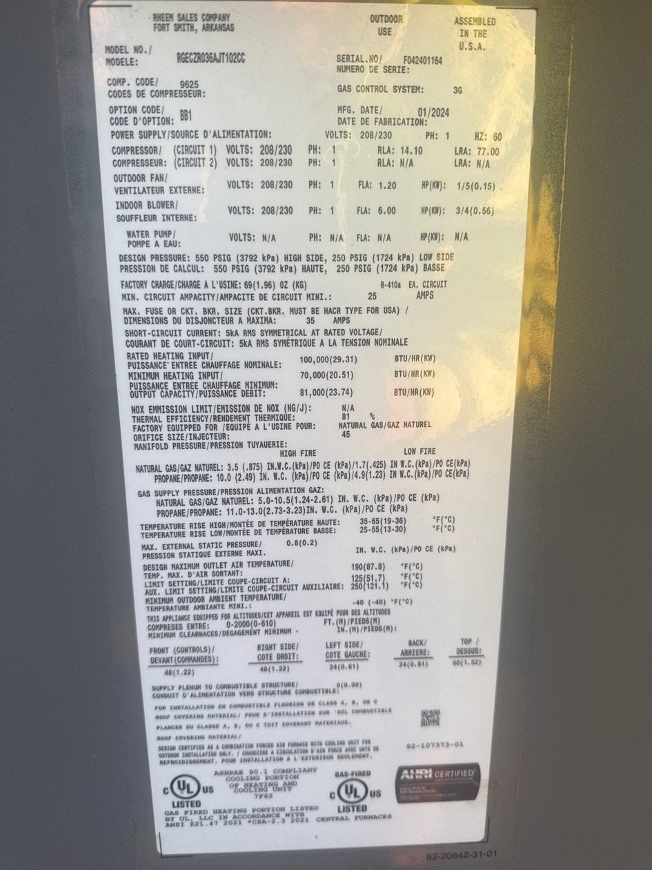 3 Ton Single-Stage Convertible Natural Gas/Electric Packaged Unit, 11.2 EER, 208-230/60/1, R410A