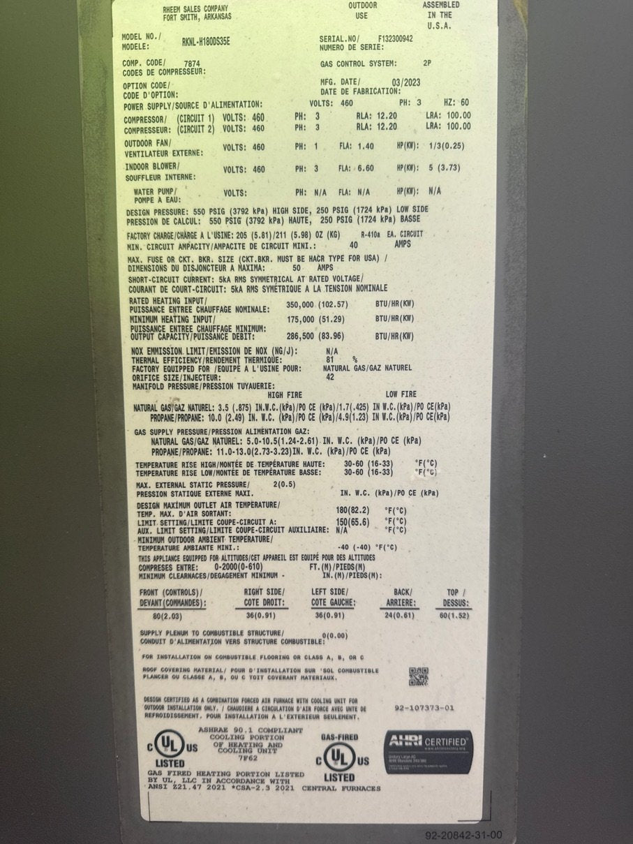 15 Ton Two-Stage Convertible Natural Gas/Electric Packaged Unit, 11.1 EER, 460/60/3, R410A