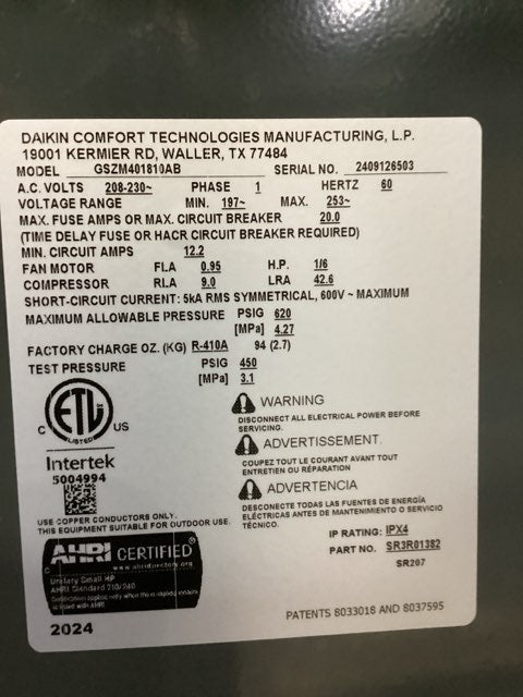 1.5 Ton Single-Stage Split-System Heat Pump 208-230/60/1 R410A 14.3 SEER2