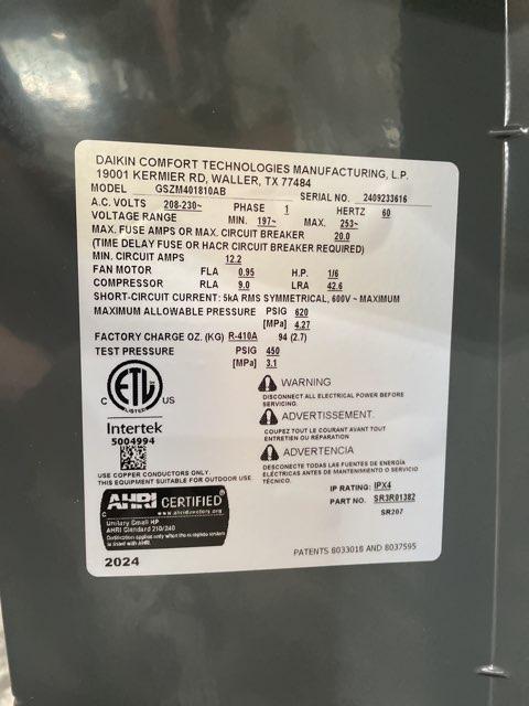 1.5 Ton Single-Stage Split-System Heat Pump 208-230/60/1 R410A 14.3 SEER2