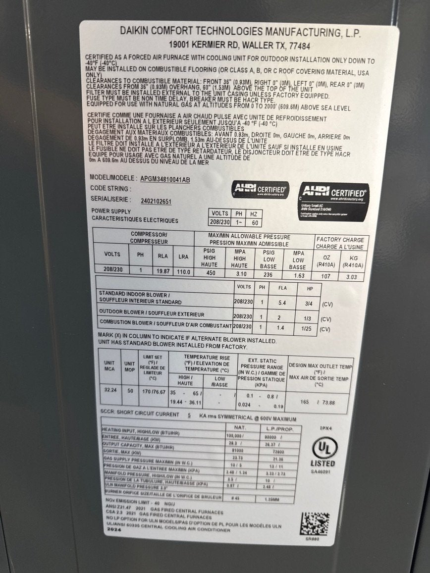 4 Ton Low NOx 1-Stg Convertible Natural Gas/Electric Packaged Unit, 13.4 SEER2, 208-230/60/1, R410A