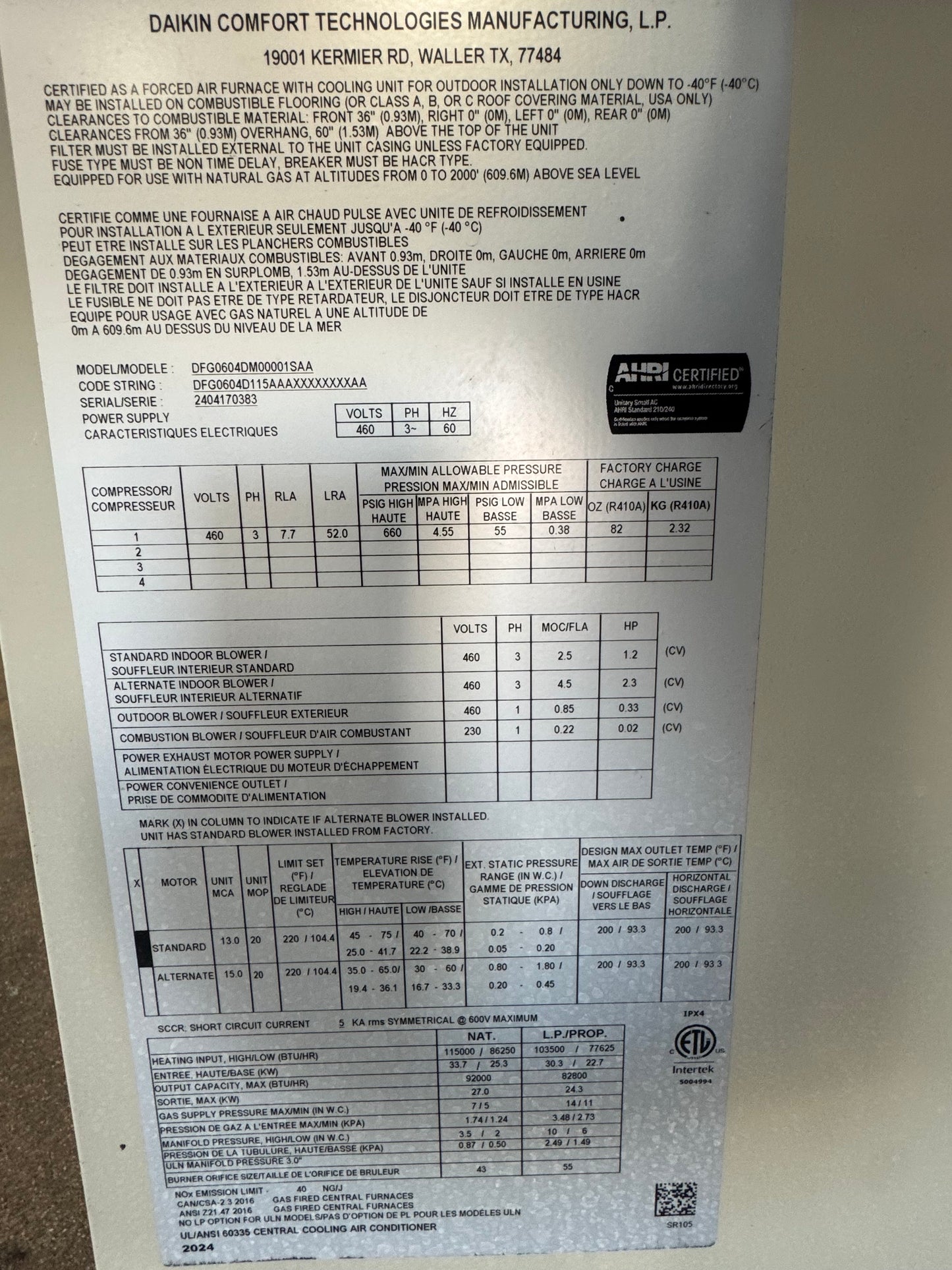 5 Ton Single-Stage Convertible Natural Gas/Electric Packaged Unit, 14 SEER, 460/60/3, R410A