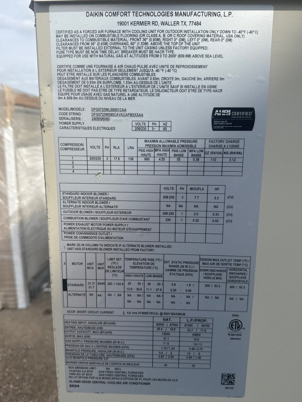 6 Ton Two-Stage Convertible Natural Gas/Electric Packaged Unit, 11.2 EER, 208-230/60/3, R410A