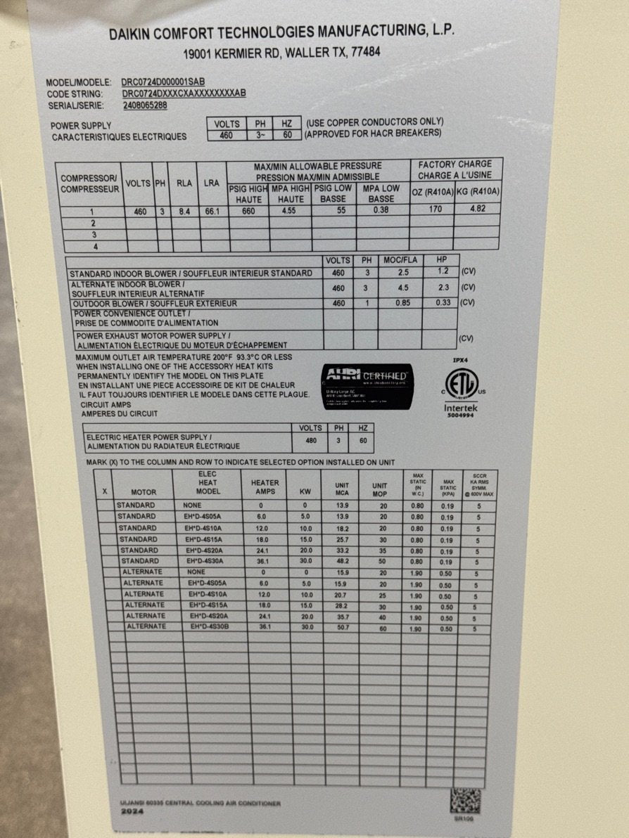 6 Ton Two-Stage Convertible Packaged Air Conditioning Unit, 12.1 EER, 460/60/3, R410A