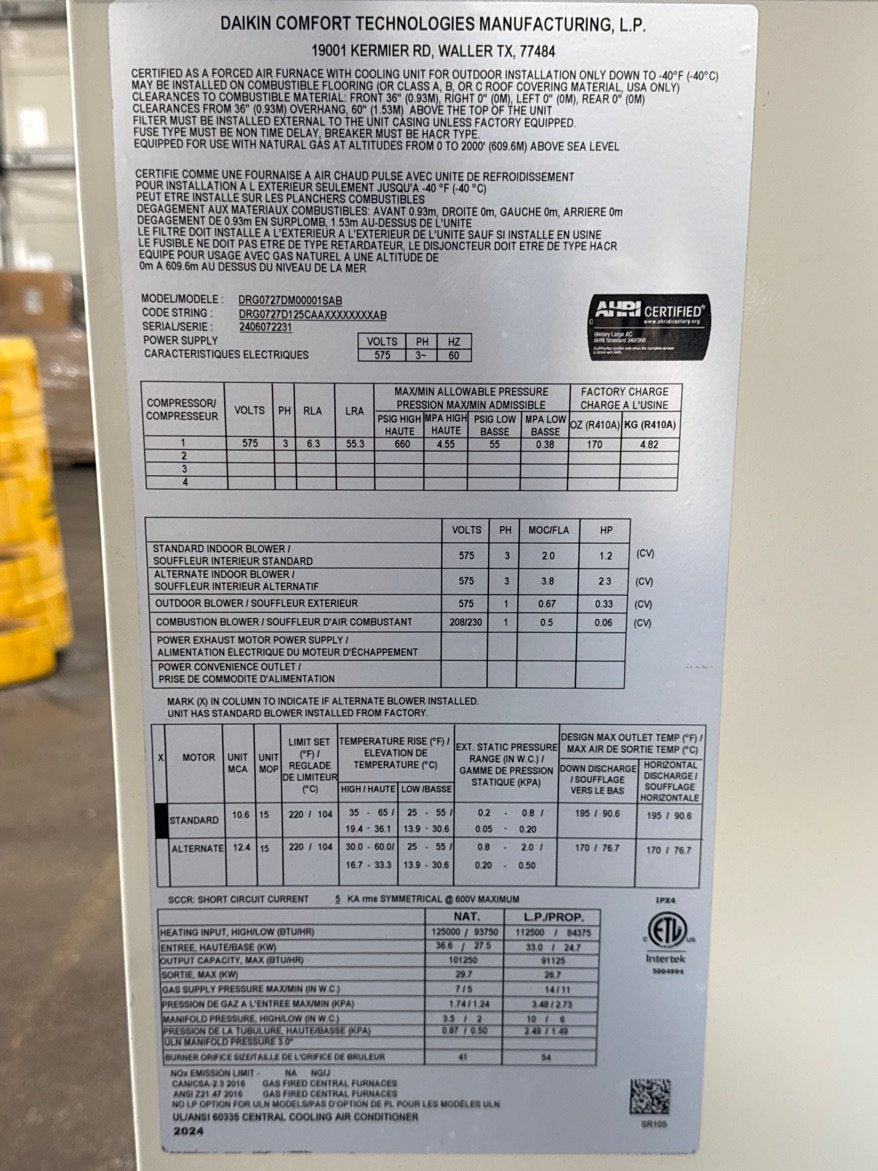 6 Ton Two-Stage Convertible Natural Gas/Electric Packaged Unit, 12.1 EER, 575/60/3, R410A