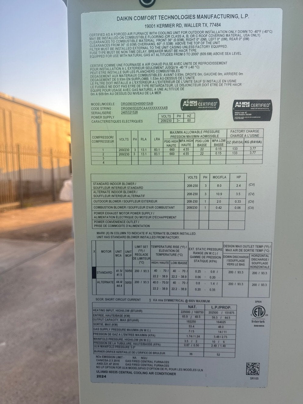 7.5 Ton Two-Stage Convertible Natural Gas/Electric Packaged Unit, 12.2 EER, 208-230/60/3, R410A