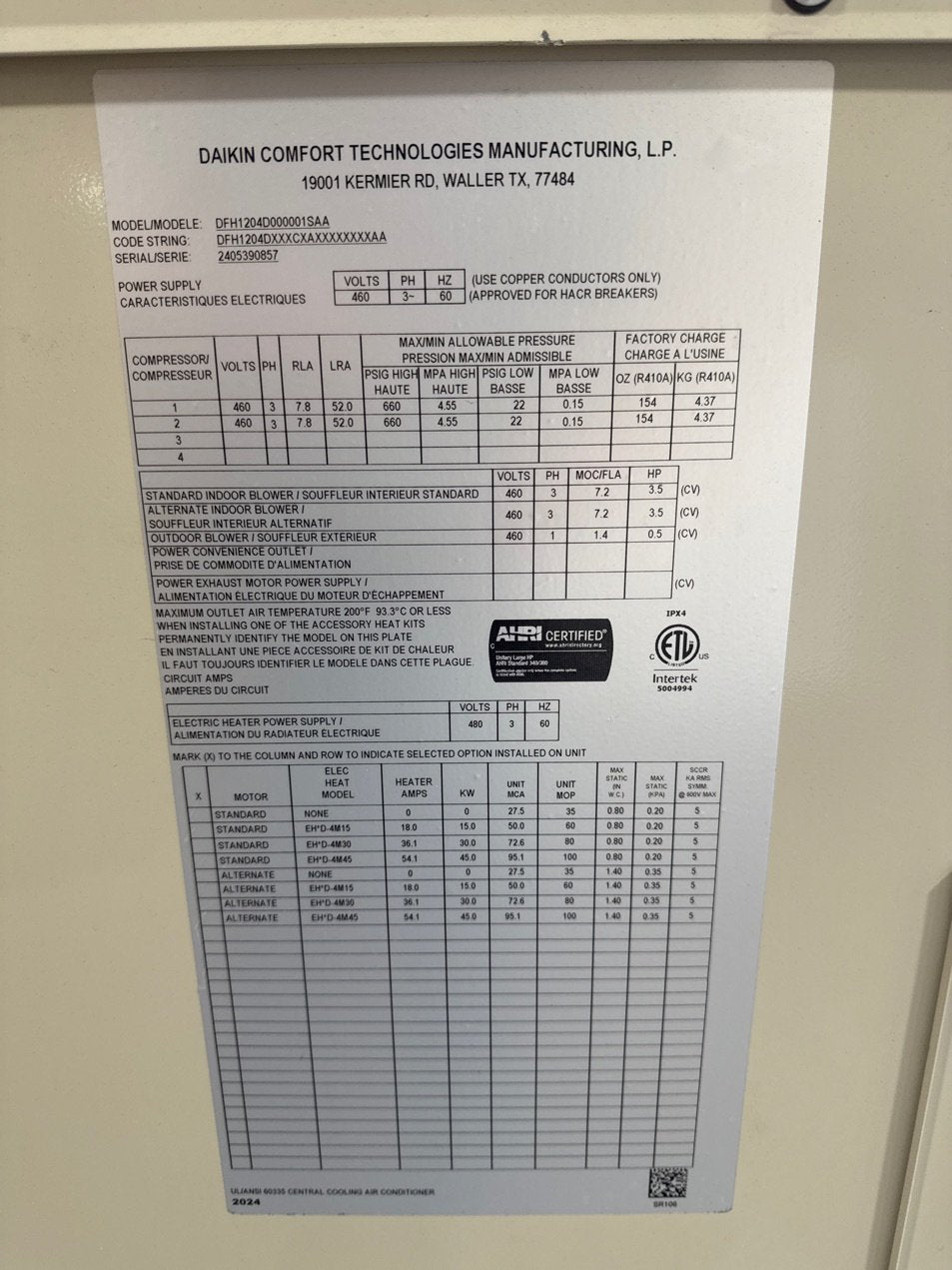 10 Ton Two-Stage Convertible Packaged Heat Pump Unit, 11 EER, 460/60/3, R410A