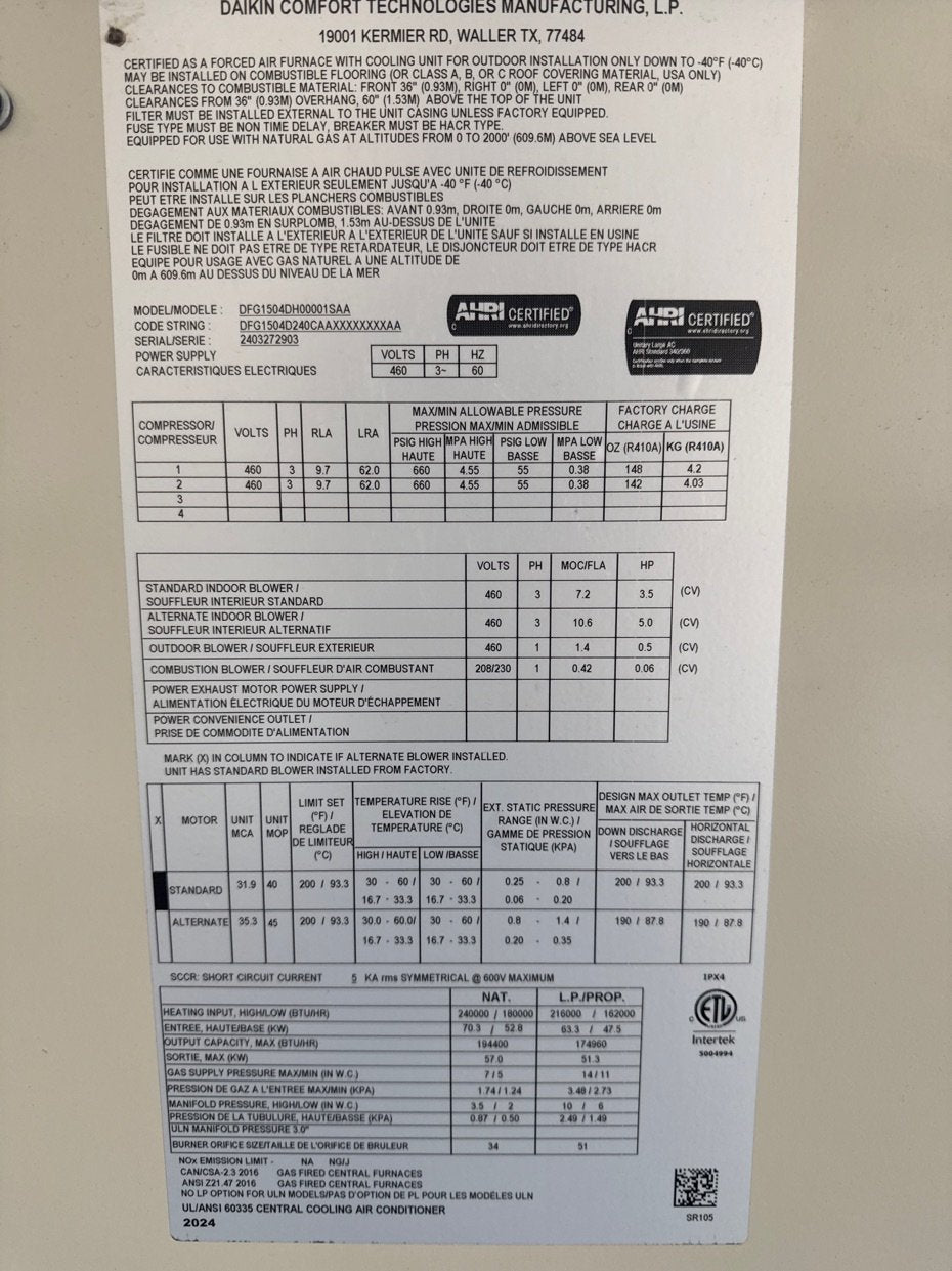 12.5 Ton Two-Stage Convertible Natural Gas/Electric Packaged Unit, 11 EER, 460/60/3, R410A