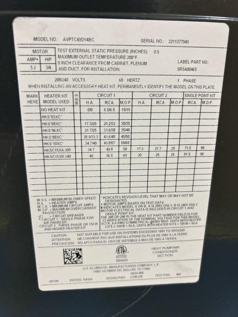3.5 Ton SS Air Conditioner 208-230/60/1, R410A, 13 SEER with 4 Ton Multi Comm Compatible Air Handler