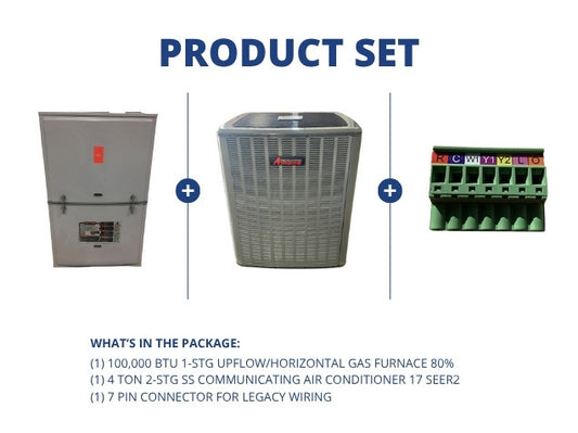 100,000 BTU 1-Stg Up/Horz Gas Furnace 80% with 4 Ton 2-Stg SS Comm AC 17 SEER2 with 7 Pin Connector