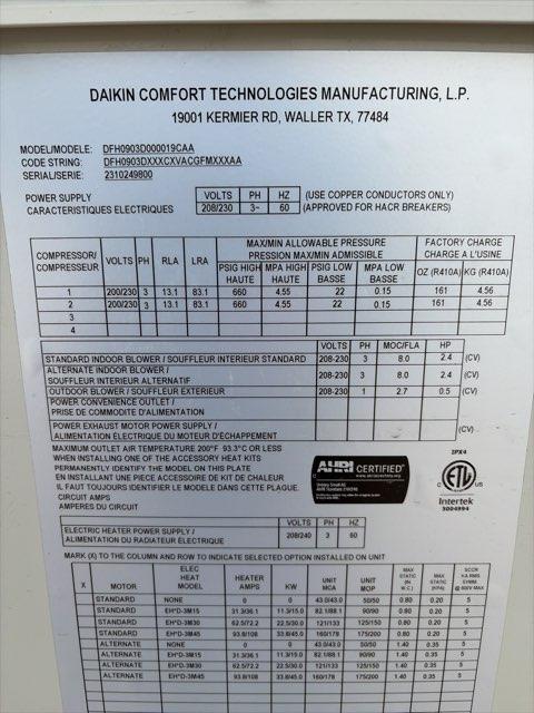 7.5 Ton Two-Stage Convertible Packaged Heat Pump Unit, 11 EER, 208-230/60/3, R410A